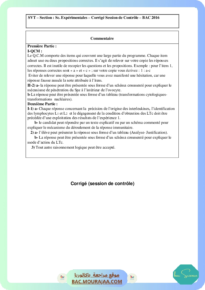 Corrigé controle svt Bac 2016 – Section science